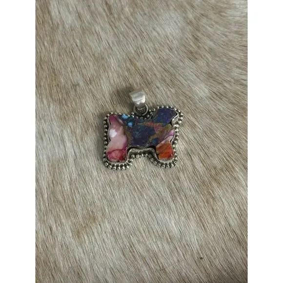 Native American Sterling Silver SW Pink Dahlia Turquoise Cow Sheep Bull Pendant